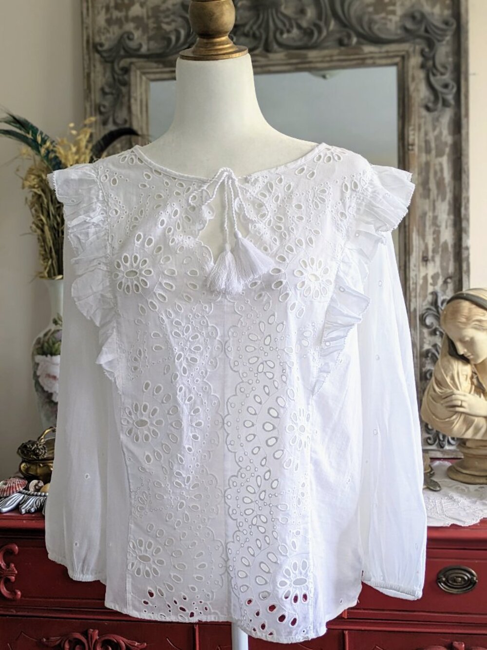Kaari Blue White Large Cotton Voile Eyelet Lace Peasant Blouse Tassel Tie Sheer